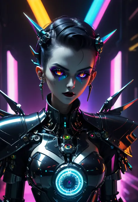 Cybernetic vampires,Vampire butler, metal mechanical surface，Mechanical joint，wearing a mecha,liquid metal，High-tech equipment，cyberpunk，Steampunk，fault art，Holographic projection，mechanical aesthetics，，neon lights，laser light，fluorescence，space light，glow...