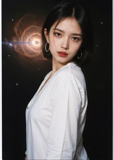 RAW photo, (polaroid photo, Photos that appear to have been taken with a Polaroid camera:1.1),
1 Hungarian girl photo, (earrings, jewelry, Blue background, simple background, Upper body, parted lips, short hair,No sleeve, shirt, red lips, black shirt, lips...