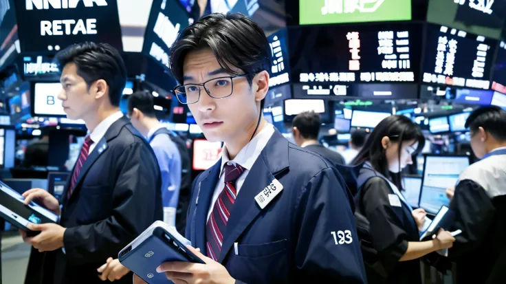 stock market、Businessman with serious expression、buy and sell desperately、High resolution、