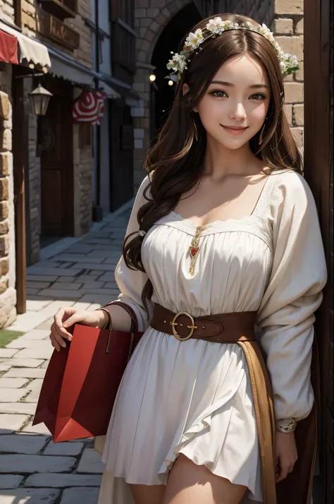 8K,A young medieval woman is shopping,smile,red and white town girl,white skirt,brown hair,medieval shopping street,Photorealistic RAW photos of the highest quality。bright colors,rich colors, Backlight, cinematic lighting, film grain, to be born, 50mm lens...