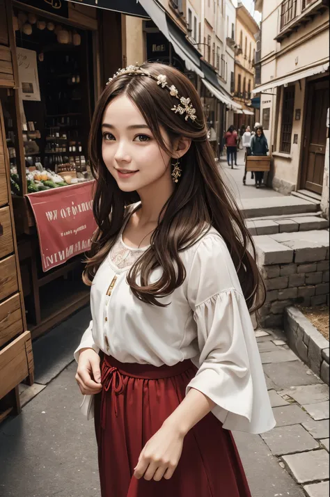 8K,A young medieval woman is shopping,smile,red and white town girl,white skirt,brown hair,medieval shopping street,Photorealistic RAW photos of the highest quality。bright colors,rich colors, Backlight, cinematic lighting, film grain, to be born, 50mm lens...