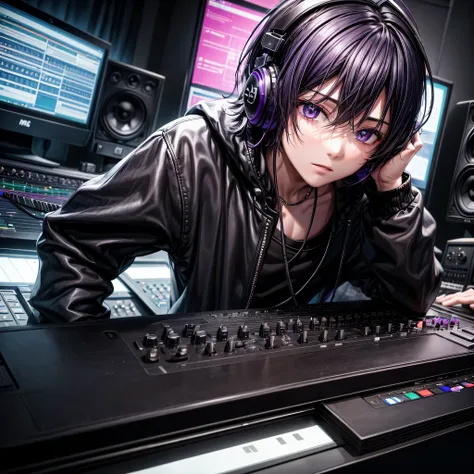 boy in music studio recording his song with headphones in front of computer, cabelo preto roxo com todas as roupas pretas, arte de capa musical