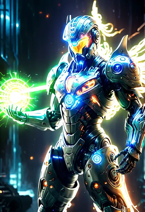 (battlefield background:1.8)，(Legendary Energy Light Warrior:1.5)，Sci-fi transparent ethereal shield，future warrior，Mechanical Warrior，mechanical structure，cyberpunk，Holographic projection，fault art，mechanical aesthetics，neon lights，laser light，fluorescenc...