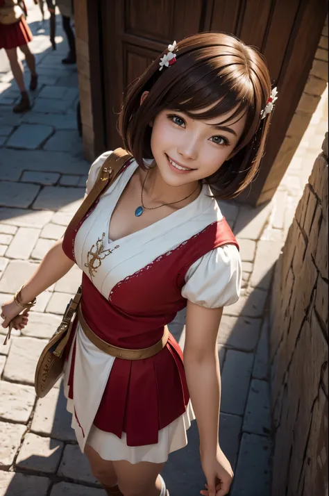 8K,A young medieval woman is shopping,smile,red and white lady,white and red skirt,Brown hair short bob,medieval shopping street,Photorealistic RAW photos of the highest quality。bright colors,rich colors, Backlight, cinematic lighting, film grain, to be bo...