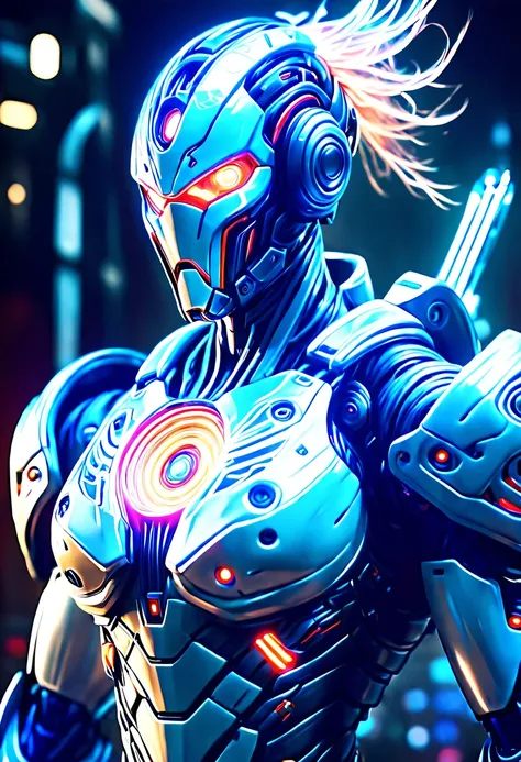 (battlefield background:1.6)，(Legendary Energy Light Warrior:1.5)，Sci-fi transparent ethereal shield，future warrior，Mechanical Warrior，mechanical structure，cyberpunk，Holographic projection，fault art，mechanical aesthetics，neon lights，laser light，fluorescenc...