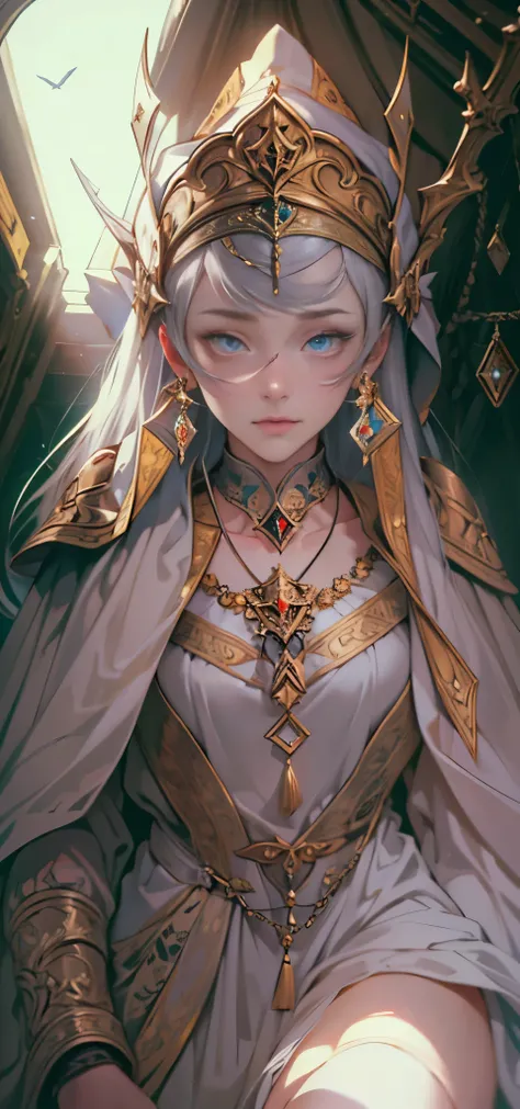 "Digital art illustration, masterpiece quality, ultra detailed character design of Lady Isolde, late 30s, ethereal beauty, deep captivating eyes, dressed in elaborate Grand Inquisitor uniform with symbols of The Holy Ethereal, aura of power and determinati...