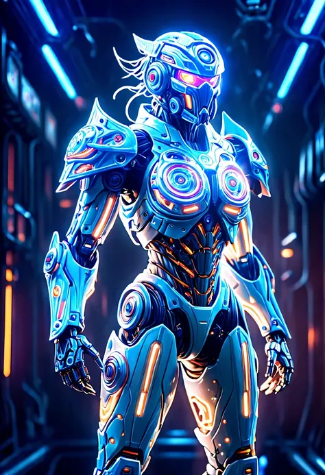 (Legendary Energy Light Warrior:1.5)，Sci-fi transparent ethereal shield，future warrior，Mechanical Warrior，mechanical structure，cyberpunk，Holographic projection，fault art，mechanical aesthetics，neon lights，laser light，fluorescence，glow effect，liquid metal，Co...