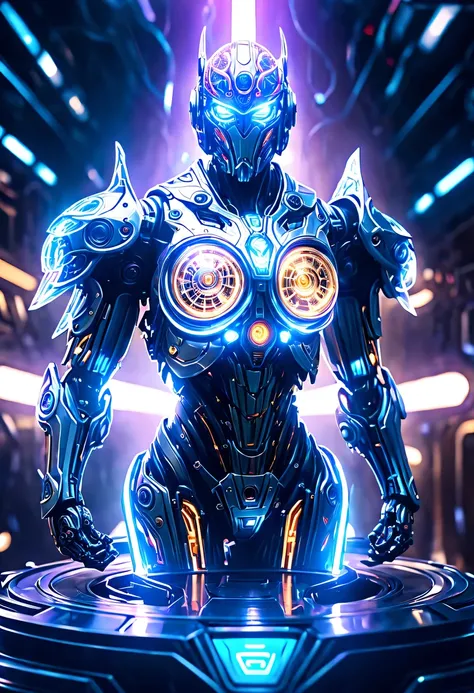 (Legendary Energy Light Warrior:1.5)，Sci-fi transparent ethereal shield，future warrior，Mechanical Warrior，mechanical structure，cyberpunk，Holographic projection，fault art，mechanical aesthetics，neon lights，laser light，fluorescence，glow effect，liquid metal，Co...