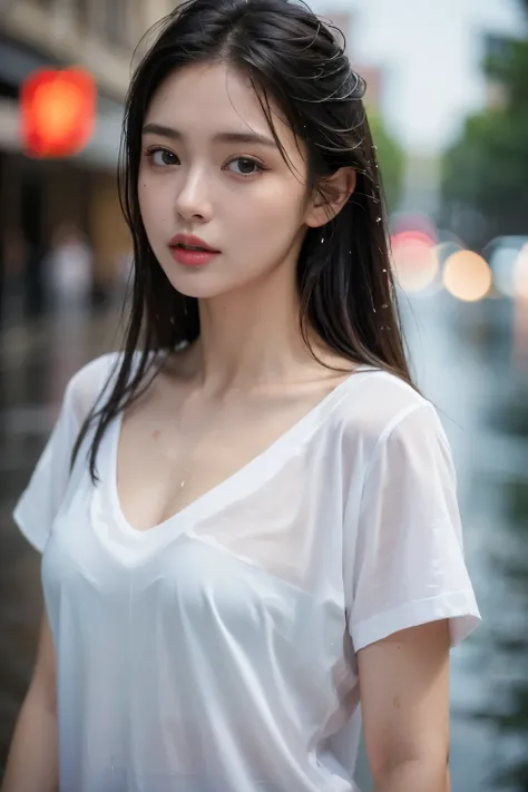 top quality, ​Masterpiece, ultra high resolution, Realism, original photo, ((a beautiful woman)), 22 years old, Detailed face, beautiful eyes, depth of field, city street, wet by rain, V-neck white T-shirt, Soaking T-shirt, , weak lips, wet hair, wet body,...