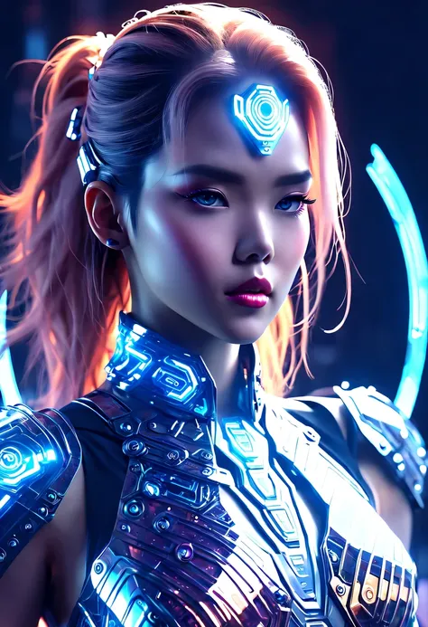 (Legendary Energy Light Shield:1.5)，Sci-fi transparent ethereal shield，Future female warriors，Mechanical Female Warrior，mechanical structure，cyberpunk，Holographic projection，fault art，mechanical aesthetics，neon lights，laser light，fluorescence，glow effect，l...