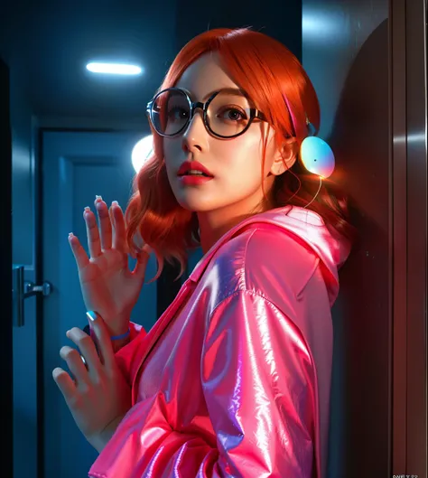 there is a woman in a pink pajama and glasses posing for a picture, scared woman, she stays near door, blurry interrior on background, portrait shot, advertising photo, promo image, orange glossy hair, advertising photo, promotional render, promotional ima...