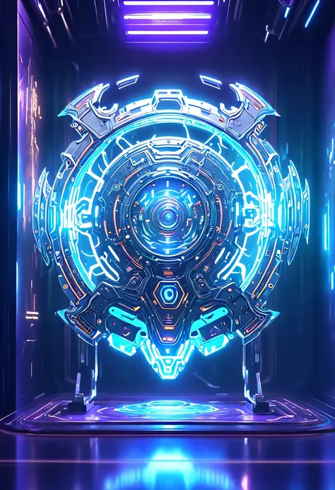 (Legendary Energy Light Shield:1.5)，Sci-fi transparent ethereal shield，future warrior，Mechanical Warrior，mechanical structure，cyberpunk，Holographic projection，fault art，mechanical aesthetics，neon lights，laser light，fluorescence，glow effect，liquid metal，Cop...