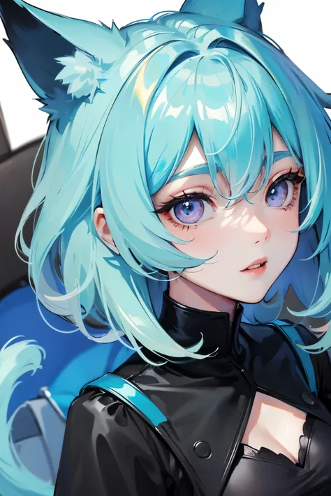 ((best quality)), ((masterpiece)), (detailed), perfect face, short messy cyan hair, purple color eyes,  black narrow clothes, beautiful and Hot, with tow black cat ears and black tail
