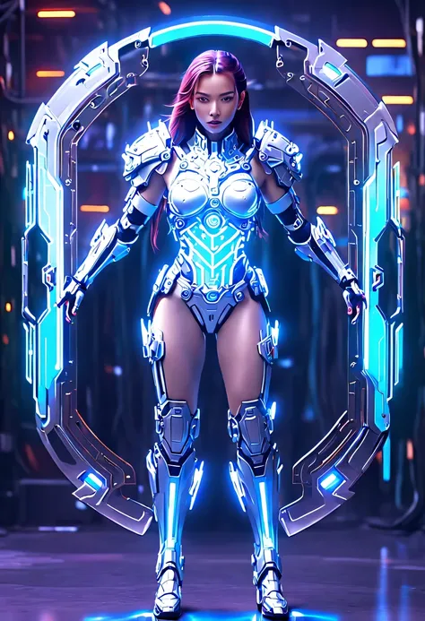 (Legendary Energy Light Shield:1.5)，Sci-fi transparent ethereal shield，Future female warriors，Mechanical Female Warrior，mechanical structure，cyberpunk，Holographic projection，fault art，mechanical aesthetics，neon lights，laser light，fluorescence，glow effect，l...