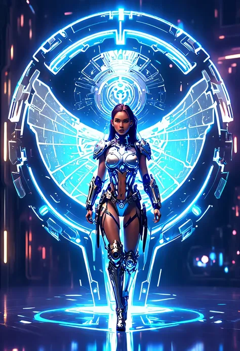 (Legendary Energy Light Shield:1.5)，Sci-fi transparent ethereal shield，Future female warriors，Mechanical Female Warrior，mechanical structure，cyberpunk，Holographic projection，fault art，mechanical aesthetics，neon lights，laser light，fluorescence，glow effect，l...