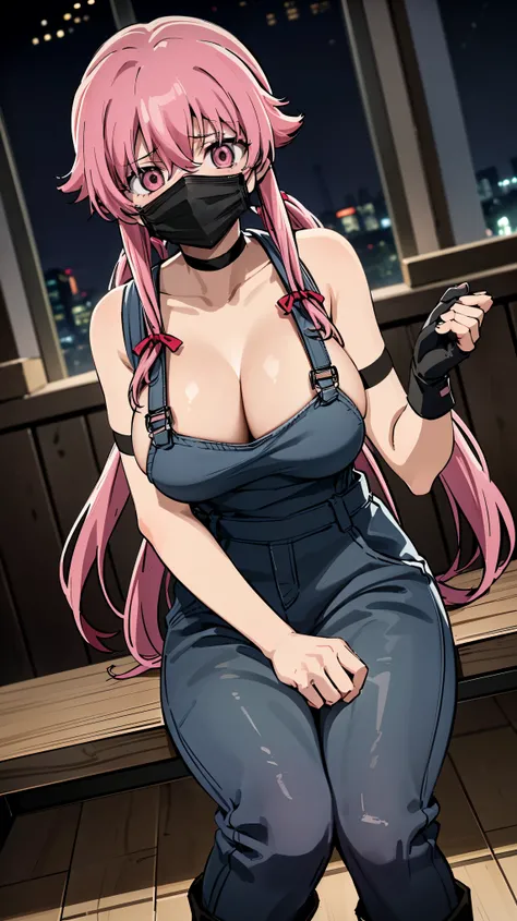 anime_still, masterpiece, best quality, 1girl, Gasai Yuno, long hair, pink hair, low twintails, sitting on a chair, old room,  (large breasts:1.5),1girl, black choker, dark grey, (overalls:1.25), leather gloves, black boots, ((nigth:1.5)), (black face mask...