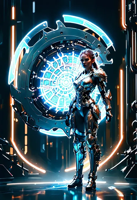 (Legendary Energy Light Shield:1.5)，Sci-fi transparent ethereal shield，Future female warrior holding a large shield，Mechanical Female Warrior，mechanical structure，cyberpunk，Holographic projection，fault art，mechanical aesthetics，neon lights，laser light，fluo...