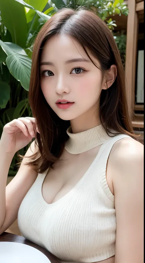 table top, highest quality, Photoreal, finely, High resolution, 8k wallpaper, perfect dynamic composition, beautiful and fine eyes, medium hair, big and full breasts, random sexy poses,chest to chest、(Full Open Mock Neck Crop Tank Top White Knitwear、The cl...