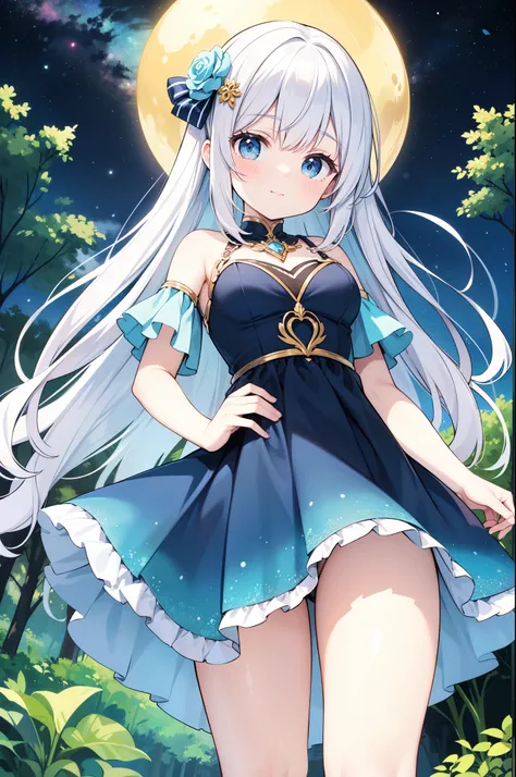 （masterpiece）、(highest quality)、((Super detailed))、(super delicate)、Ero cute、Pastel colors hair、beautiful breasts、beautiful thighs、Gorgeous、Fantastic forest and starry sky、Golden, silver, and deep blue dress、look up from below