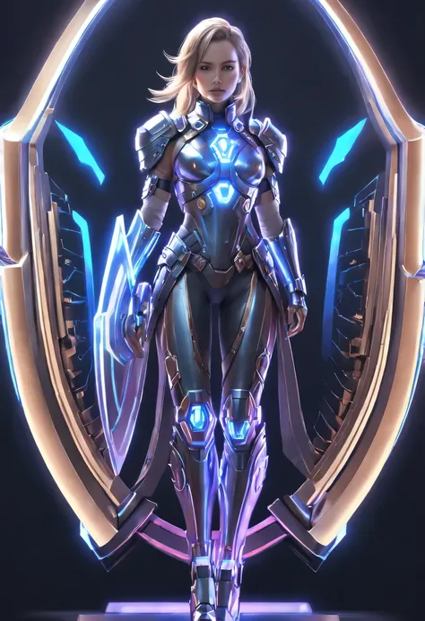 (Legendary Energy Light Shield:1.5)，Sci-fi transparent ethereal shield，Future female warrior holding a large shield，Mechanical Female Warrior，cyberpunk，Holographic projection，fault art，mechanical aesthetics，neon lights，laser light，fluorescence，glow effect，...