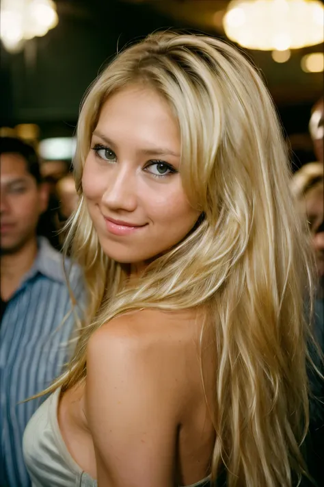 sexy raw photo of annkou in a crowded club, shot from the right side, smiling, blonde, (high detailed skin:1.2), ultra realistic...