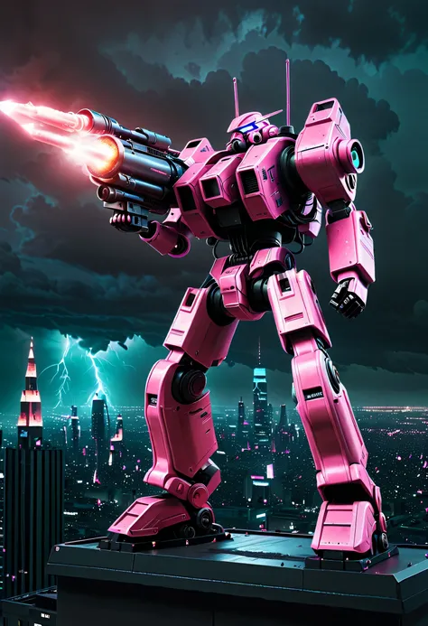 best quality，high-rise building，masterpiece：1.2，super detailed，lifelike：1.37，high tech，站在high-rise building上的重型机械战士，Gatling，pink armor，action：1.37，Luminous energy core，explosive rocket launcher，thrust jet pack，Very detailed mechanism，Ominous dark sky，light...