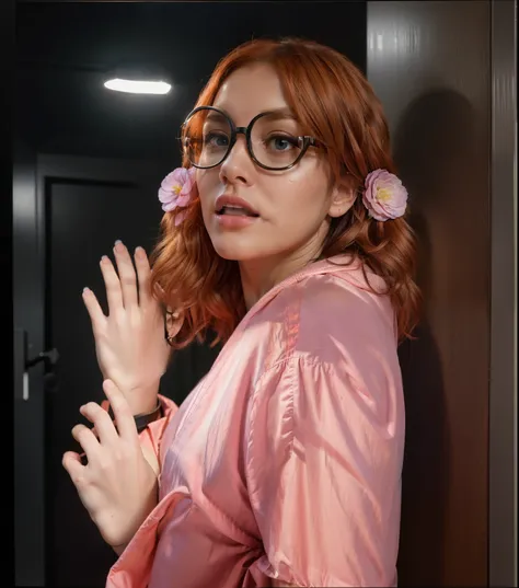 there is a woman with orange wavy hair in a pink pajama and glasses posing for a picture, scared woman, she stays near door, blurry interrior on background, portrait shot, advertising photo, promo image, advertising photo, promotional render, promotional i...