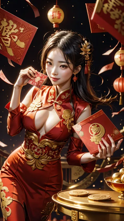 flying red envelopes, (oriental culture) Lunar New Year, sparkling money, (gold).