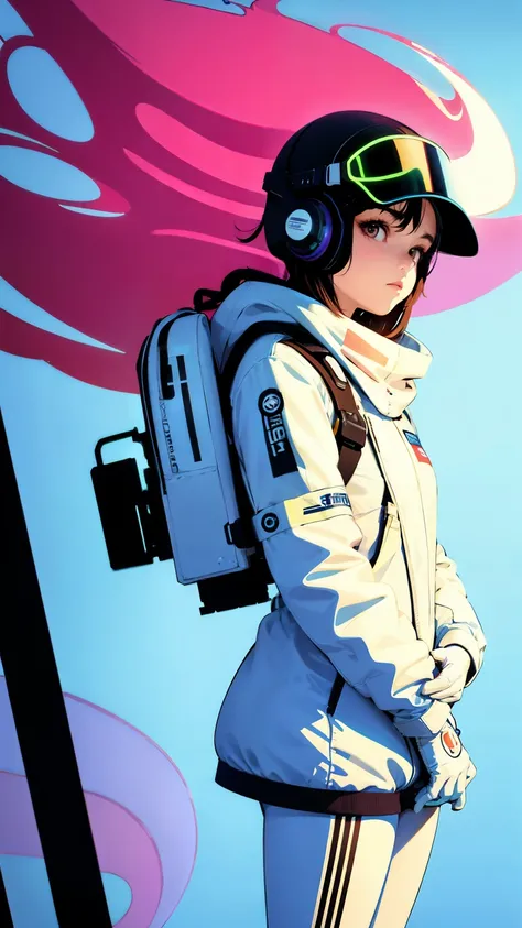 (ultra detailed,ultra high res,detailed background),((2D)),((flat color)),((muted color)),((floating neon)),1girl,solo,looking at viewer, BREAK, spray paint, graffiti, girl in a white space suit wearing her helmet, plush scarf, full body image, adult woman...