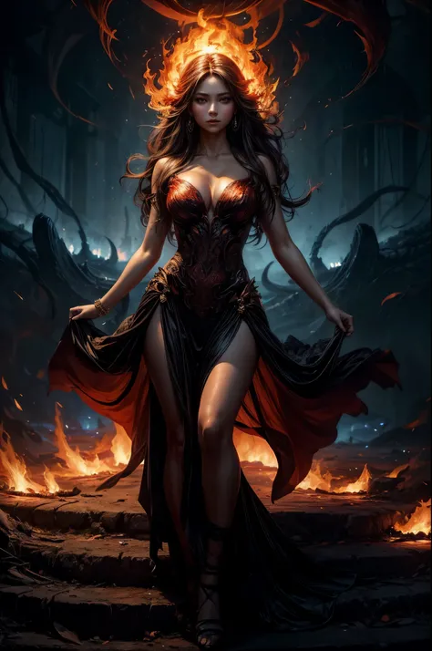 A stunningly radiant girl with flawless features and a captivating aura gracefully treads amidst the fiery horrors of the underworld. the image catches her whole  figure. The image, a mesmerizing painting, showcases her ethereal beauty against a backdrop o...