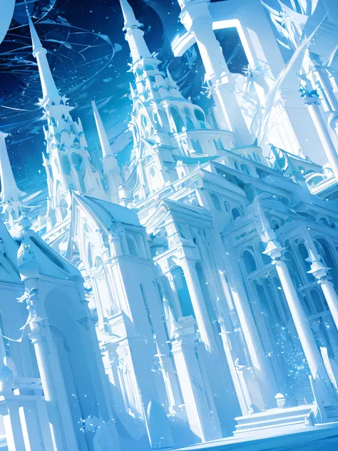 (Light blue-white tones，Shocking and magnificent uninhabited landscape，Silent Snow City World)，quiet，healing feeling，(fantastic white feathers)，snowflake crystal structure，(best quality，masterpiece，Extremely complex and exquisite details)，scenography