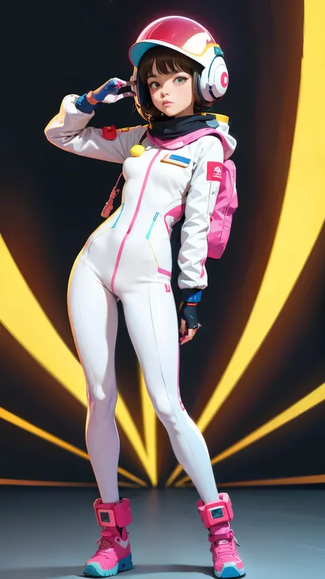 (ultra detailed,ultra high res,detailed background),((2D)),((flat color)),((muted color)),((floating neon)),1girl,solo,looking at viewer, BREAK, spray paint, graffiti, girl in a white space suit wearing her helmet, plush scarf, full body image, adult woman...