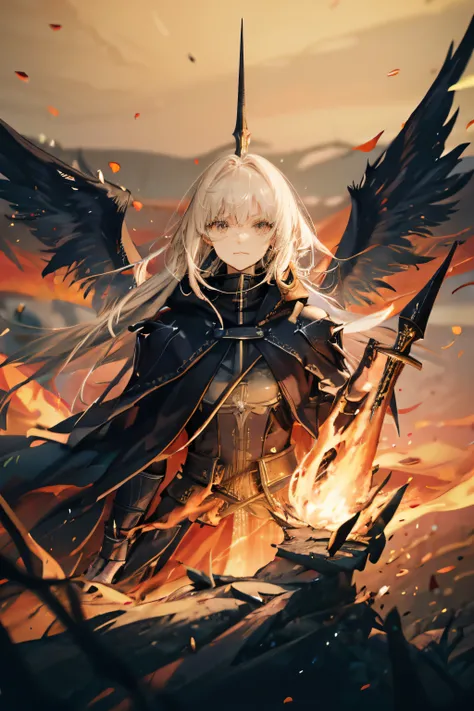 (best quality,8k,masterpiece:1.2,sharp focus:1.2,depth of field:1.2),beautiful sword girl,absurd,Highly detailed facial and skin textures,silver hair,dark armor,flame armor,Cloak engulfed in flames,Wings of Fire,Determination to overcome grief,Gentle eyes ...