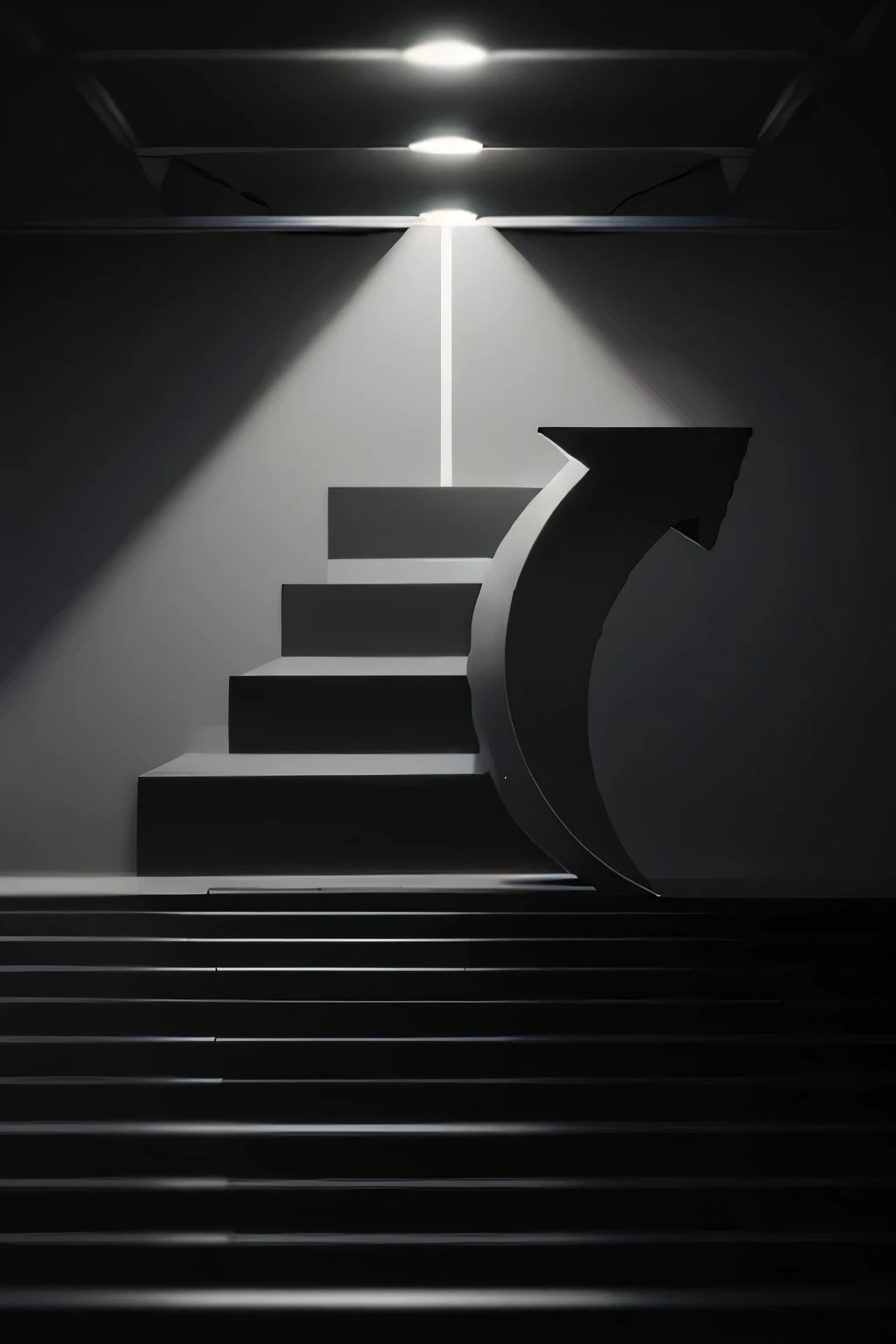 a black and white photo of a staircase with an arrow pointing up, icon, pictogram, stacked image, vector icon, symbol, game icon...