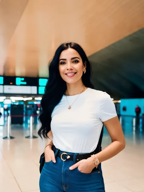 Beautiful digital influencer white woman with black hair standing inside an airport. She has black hair there. Woman is smiling with her hands behind her back. sharp, by Lee Jeffries Nikon D850 film stock photography 4 kodak portra 400 f1.6 camera rich len...