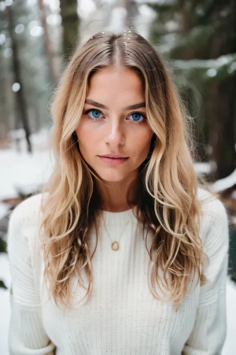 professional portrait photograph of a gorgeous Norwegian girl with blue eyes with long wavy blonde hair, looking into the camera, gorgeous symmetrical face, cute natural makeup, wearing elegant warm winter sweater, ((standing outside in snowy forest)), stu...