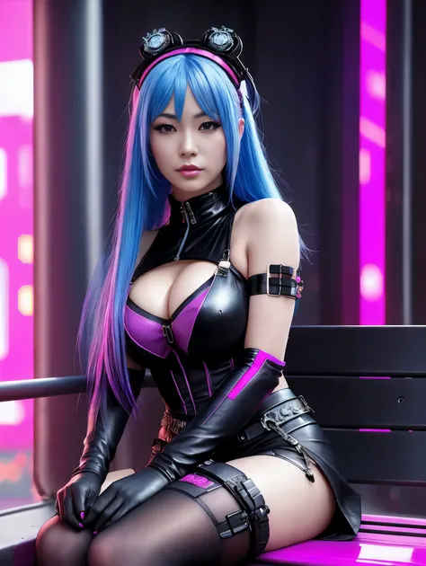 an ultra hot gorgeous European woman, age 23. She’s a playmate, men magazine model. Bun, with long pink hair and long blue hair. sitting on a bench, seductive cyberpunk dark fantasy, cyberpunk cyborg. roses, beautiful digital artwork, black leather tight s...