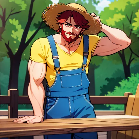 
(masterpiece), 1boy, best quality, expressive eyes, perfect face, muscular and adult Man, red hair BREAK messy hair, short hair BREAK beard, straw hat, pink eyes BREAK light smile, yellow shirt BREAK blue overalls, sitting on boat, lake, forest, standing ...