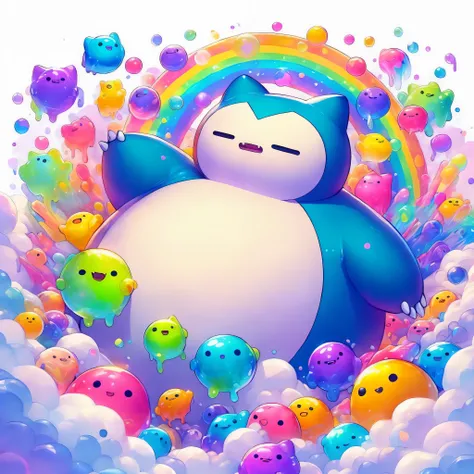 anime,niji,a super cute giant Snorlax, surrounded by different smaller slimes, cute face slime,vivid rainbow colors,floating,transparent body, Vivid color extravaganza, above the cloud,on a fluffy clouds,vivid light,colorful bubbles,magical sky,ultra-detai...