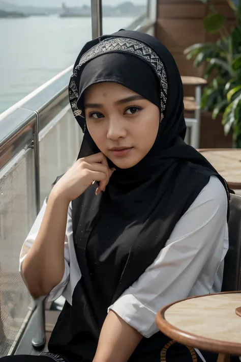 Seorang wanita cantik Indonesia usia 25 tahun berhijab, kemeja ungu wajah tersenyum dan sedang duduk santai di teras kapal pesiar diatas meja ada sebuah minuman jus, yang indah saat siang hari, wajahnya menatap langsung ke kamera, close up, sangat realisti...