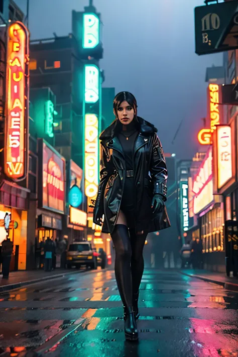 beautiful woman with black hair from the movie Bladerunner, full body, black latex coat, its night, city in the background with neon light, soft blur in the background, backlight with lens flares, cinematic, gloomy light, foggy, cinema poster, analogue pho...