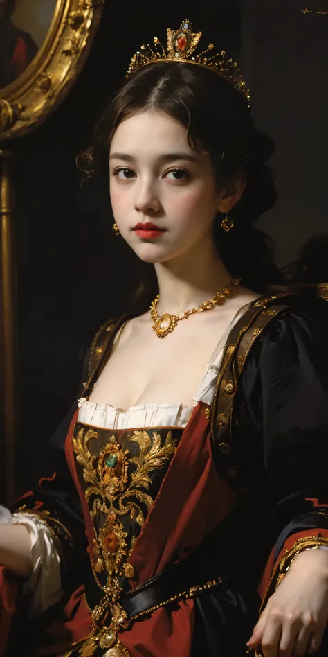  oil painting portrait of a young queen Elizabeth , cleavage,  full body portrait, renaissance outfit, bright background, heavy brushstrokes, moody, Rembrandt-style lighting, high contrast, vintage, 