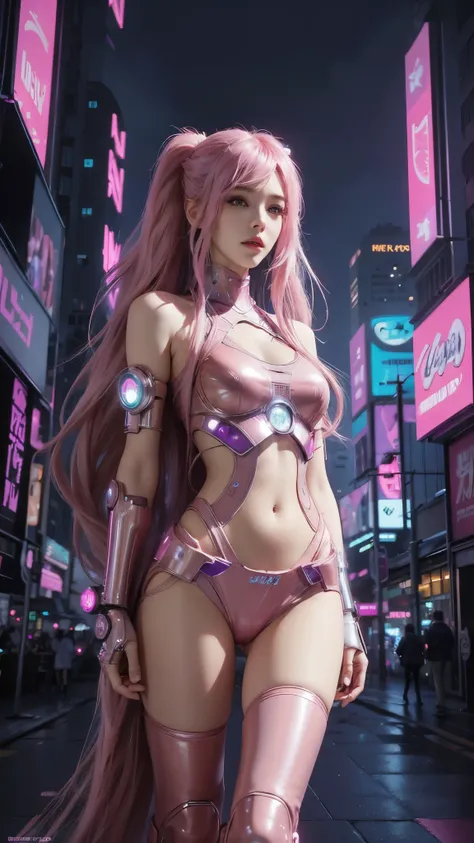 8k ultra hd, mastermiece, a girl, good face, detailed, eyes, beautiful lips, very long hair, pink hair, spreading hair, medium breasts, (cyberpunk outfit:1.2), pink outfit, in the city, glowing lights, city lights, cloudy weather, whole body capture,