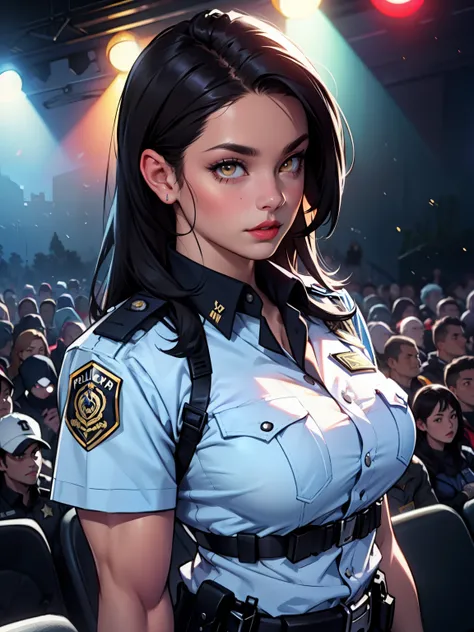 ozinho, (uniforme policial, policial), meias, luzes da cidade, (look at audience: 1.3), Separated lips, Red lips, pele brilhante, amassado na pele, melhor qualidade, ultra high resolution, (realismo: 1.4), Arma no coldre, morena, black hair yellow eyes big...