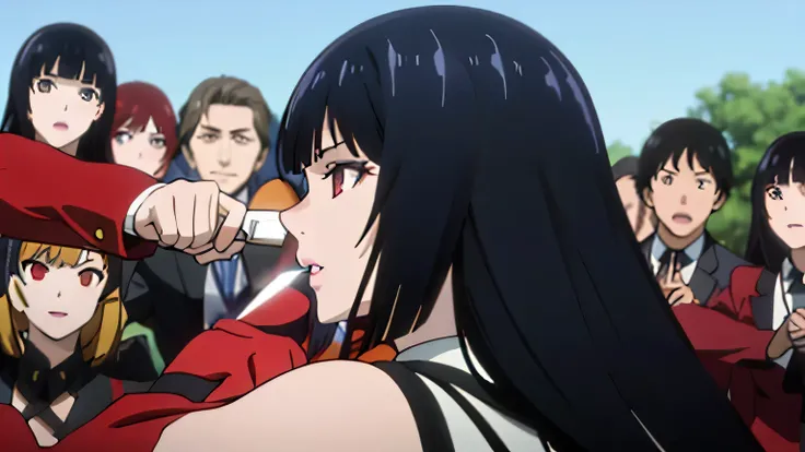 yumeko looking fierce outside in a fight with a knife and a big crowd watching him