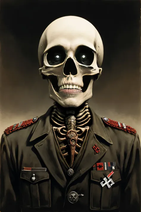 1man, painting of skeleton in a nazi ss uniform, dystopian, creepy, nightmare, disturbing, creepy, gloomy, rotten, by zdzislaw b...