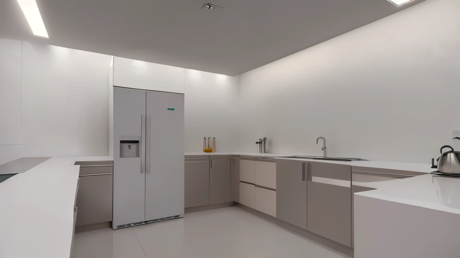 A kitchen with cream walls, white ceiling, wooden cabinet, gray refrigerator, sink. Flooring with cream tiles.