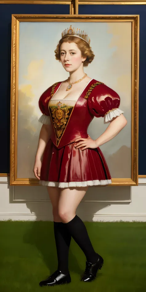 oil painting portrait of a young queen elizabeth , cleavage,  full body portrait, football outfit, bright background, heavy brus...