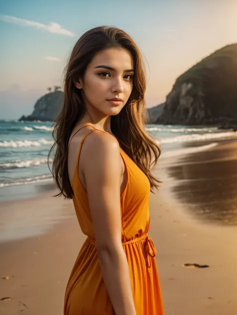 portrait of 25yo woman, brown hair, wearing colorful yellowish orange dress, perfect eyebrow, perfect lips, perfect nose, profes...