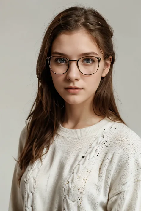 White background，Vikings，female，23 years old，modern，Glasses，sweater，portrait